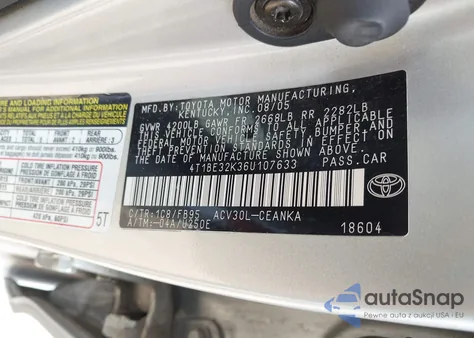 2006 Toyota Camry Std z USA, uszkodzony, nr VIN 4T1BE32K36U107633